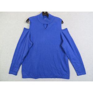Susan Graver Womens Shirt 2X Blue Cold Shoulder Knit Mock Neck Sweater Pullover‎